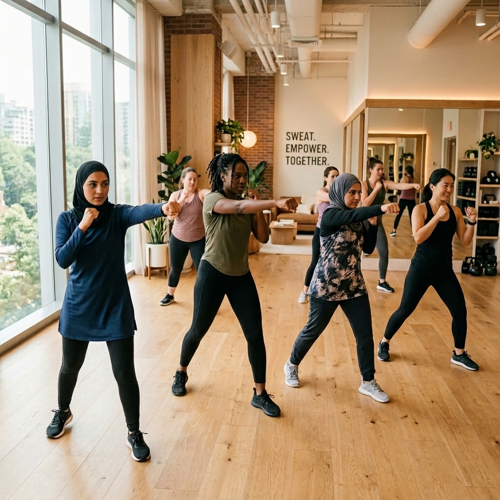 Women practicing boxing in a calm fitness studio