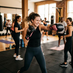 Beginner smiling practicing punches