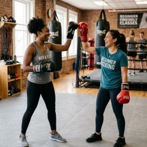 Two women high-fiving in gloves